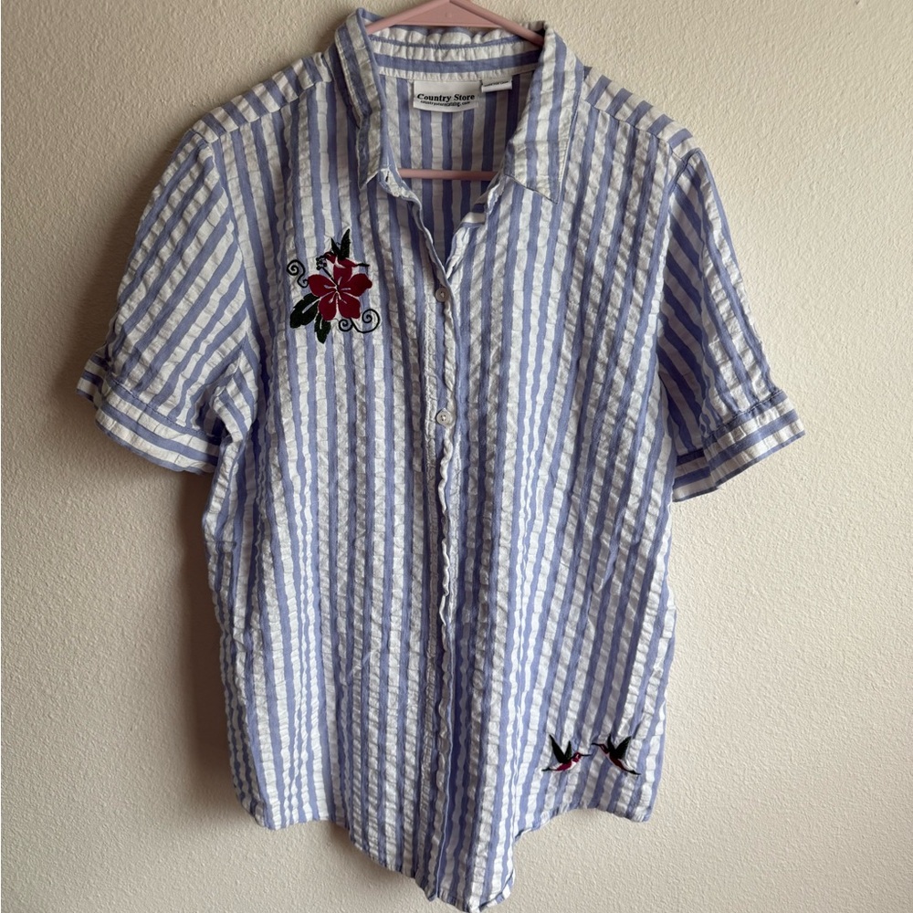Country Store Blue & White Striped Embroidered Blouse